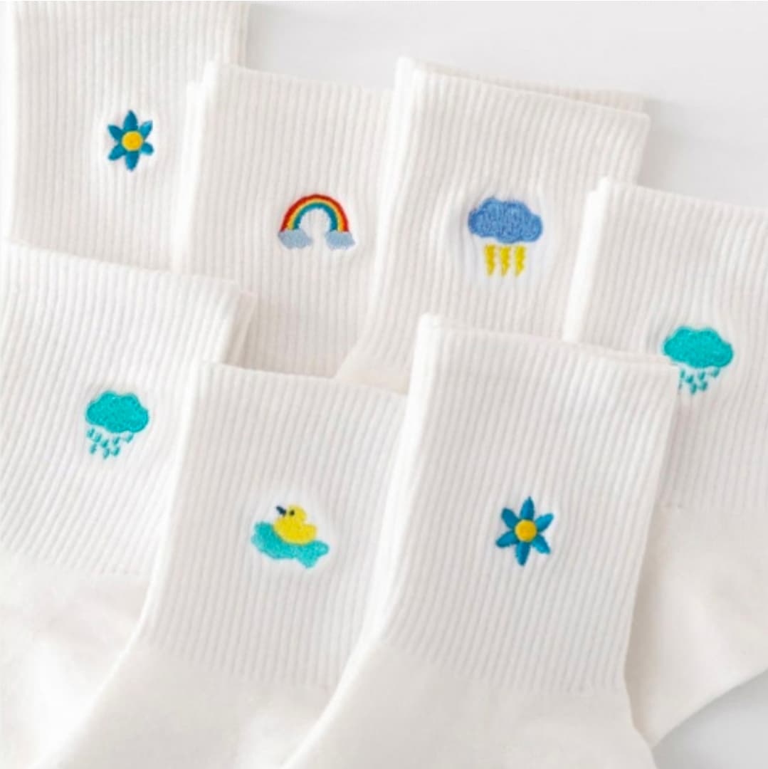 Cute Embroidered Mid-Calf Socks — 5 Pairs, 5 Colors
